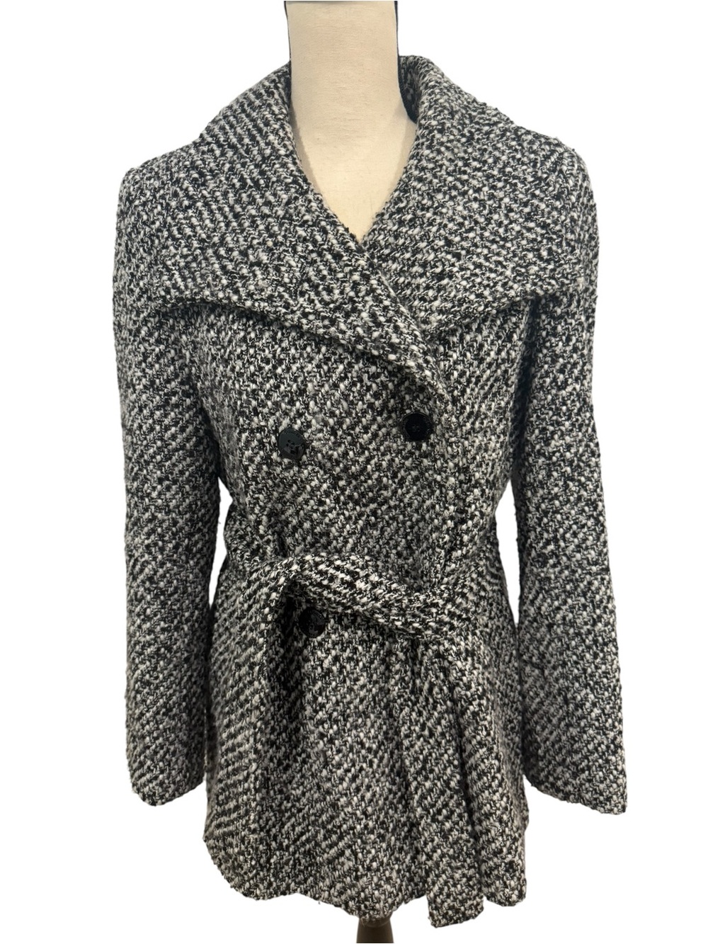 Calvin Klein Wool Blend Tweed Belted Peacoat Jacket Black White Size 12P